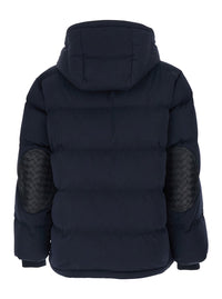 Bottega Veneta Men Blue Hooded Down Jacket With Intreccio Motif Leather Patches In Cotton Blend Man