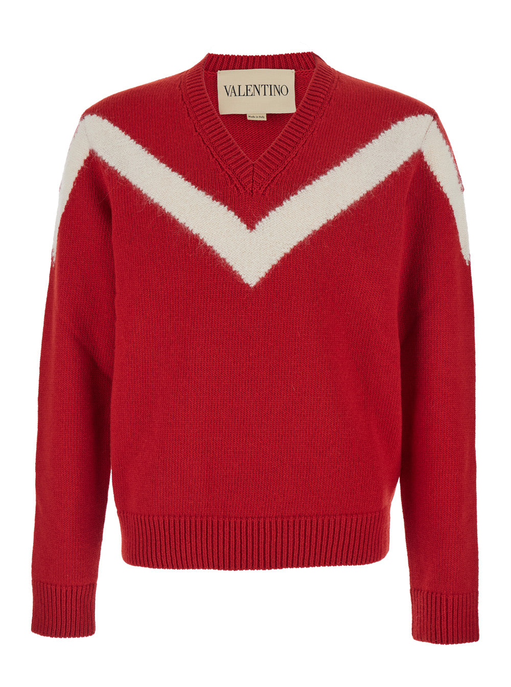Valentino Men Red Sweater With V Neck And Rear Bow With Vlogo Plaque In Wool Man