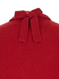 Valentino Men Red Sweater With V Neck And Rear Bow With Vlogo Plaque In Wool Man