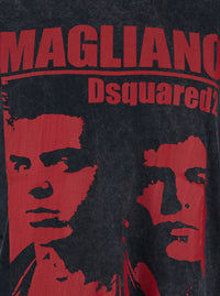 Dsquared2 Men 'D2 X Magliano' Black Crew Neck Top With Logo Lettering And Front Print In Cotton Man