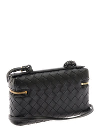 Bottega Veneta Women Black Crossbody Bag With Adjustable And Removable Strap And All-Over Intreccio Motif In Leather For Women