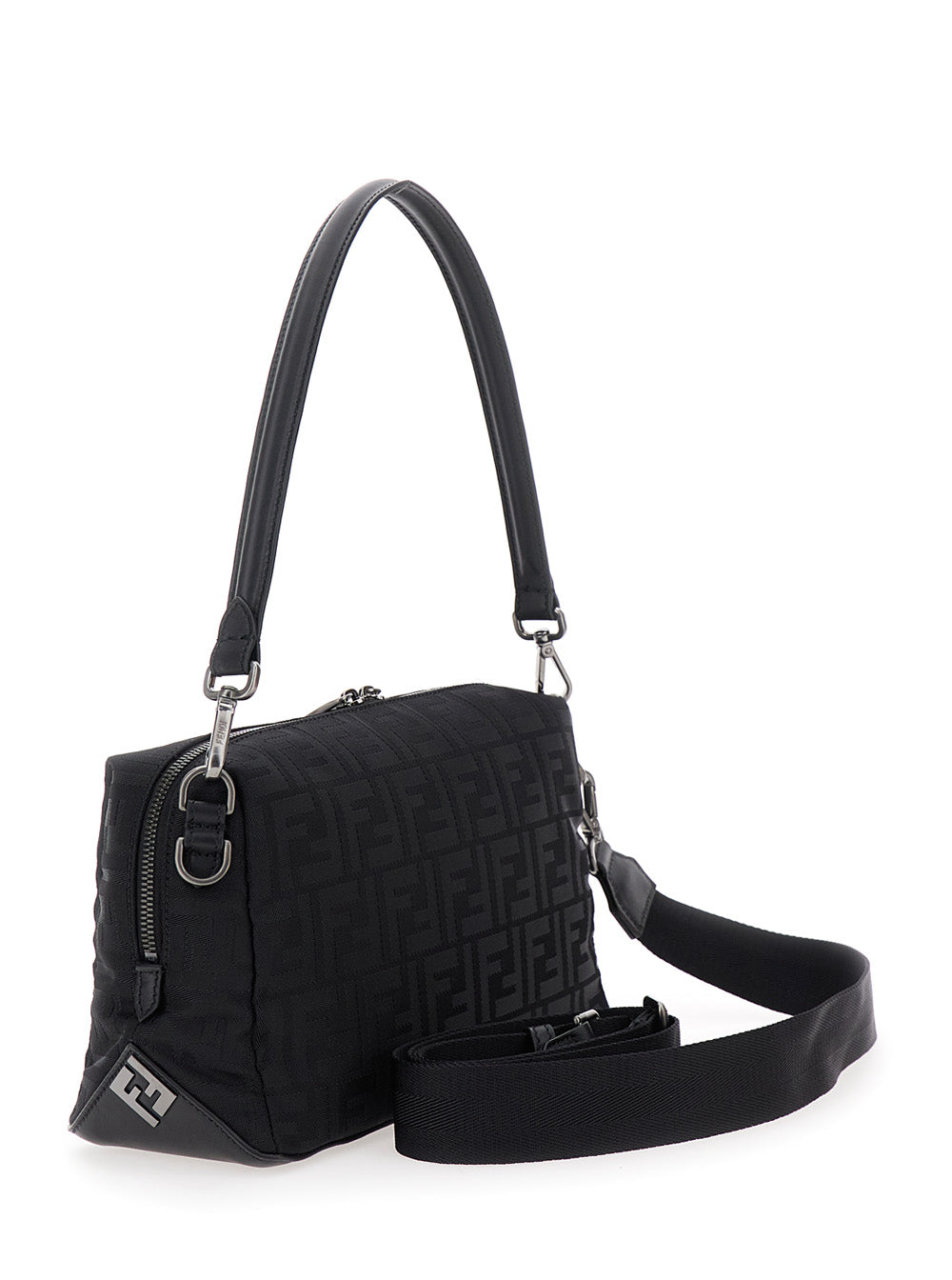 Fendi Men Black Shoulder Bag 'Lui Medium' With Ff All-Over Motif In Tech Fabric For Men