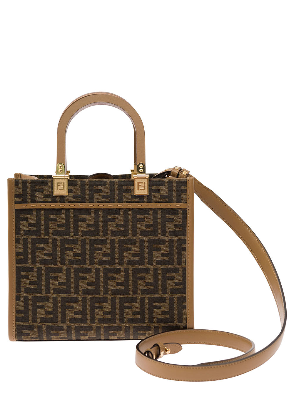 Fendi Women Tote Bag 'Piccola Sunshine' With Ff Jacquard Fabric And Brown Leather For Women