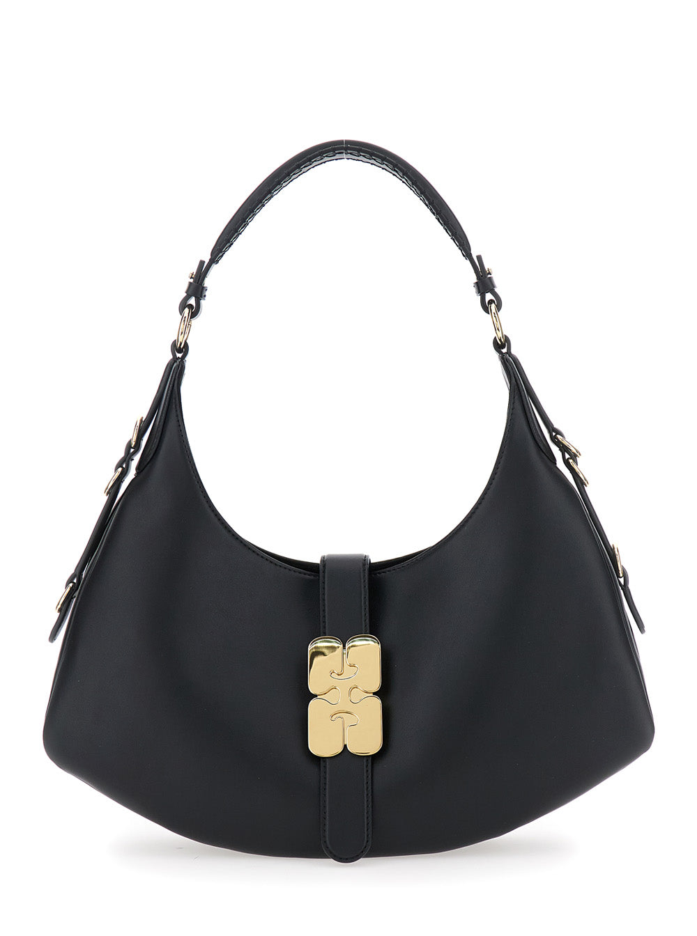 GANNI Ganni Women 'Kat Small' Black Shoulder Bag With Adjustable Handle And Logo Plaque On The Front In Leather Woman