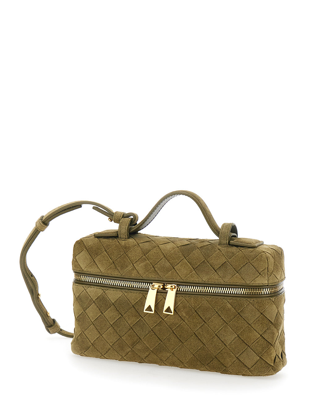 Bottega Veneta Women Green Vanity Case With Intreccio Motif In Suede Woman