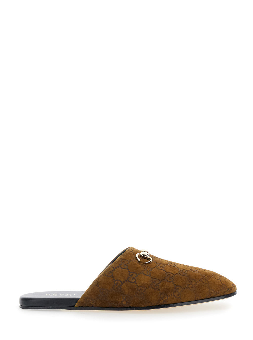 Gucci Men Brown Mule With Horsebit On The Front And All-Over Gg Motif In Suede Man