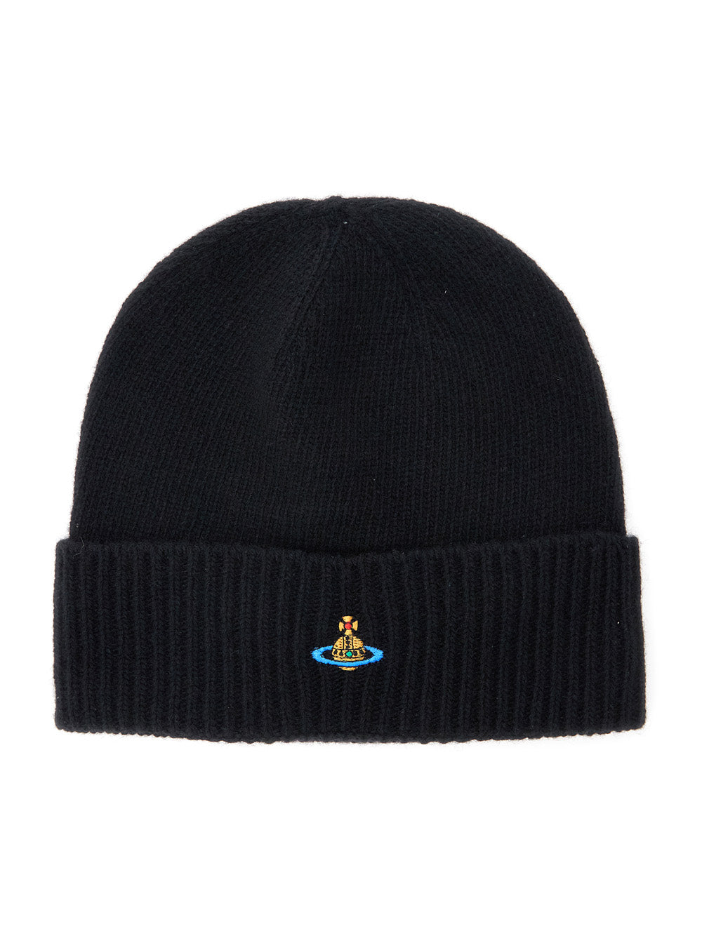 Vivienne Westwood Unisex Black Beanie With Orb Patch On The Front And Ribbed Brim In Cashmere Unisex