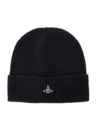 Vivienne Westwood Unisex Black Beanie With Orb Patch On The Front And Ribbed Brim In Cashmere Unisex