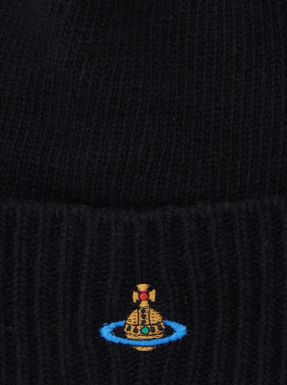 Vivienne Westwood Unisex Black Beanie With Orb Patch On The Front And Ribbed Brim In Cashmere Unisex