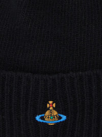 Vivienne Westwood Unisex Black Beanie With Orb Patch On The Front And Ribbed Brim In Cashmere Unisex