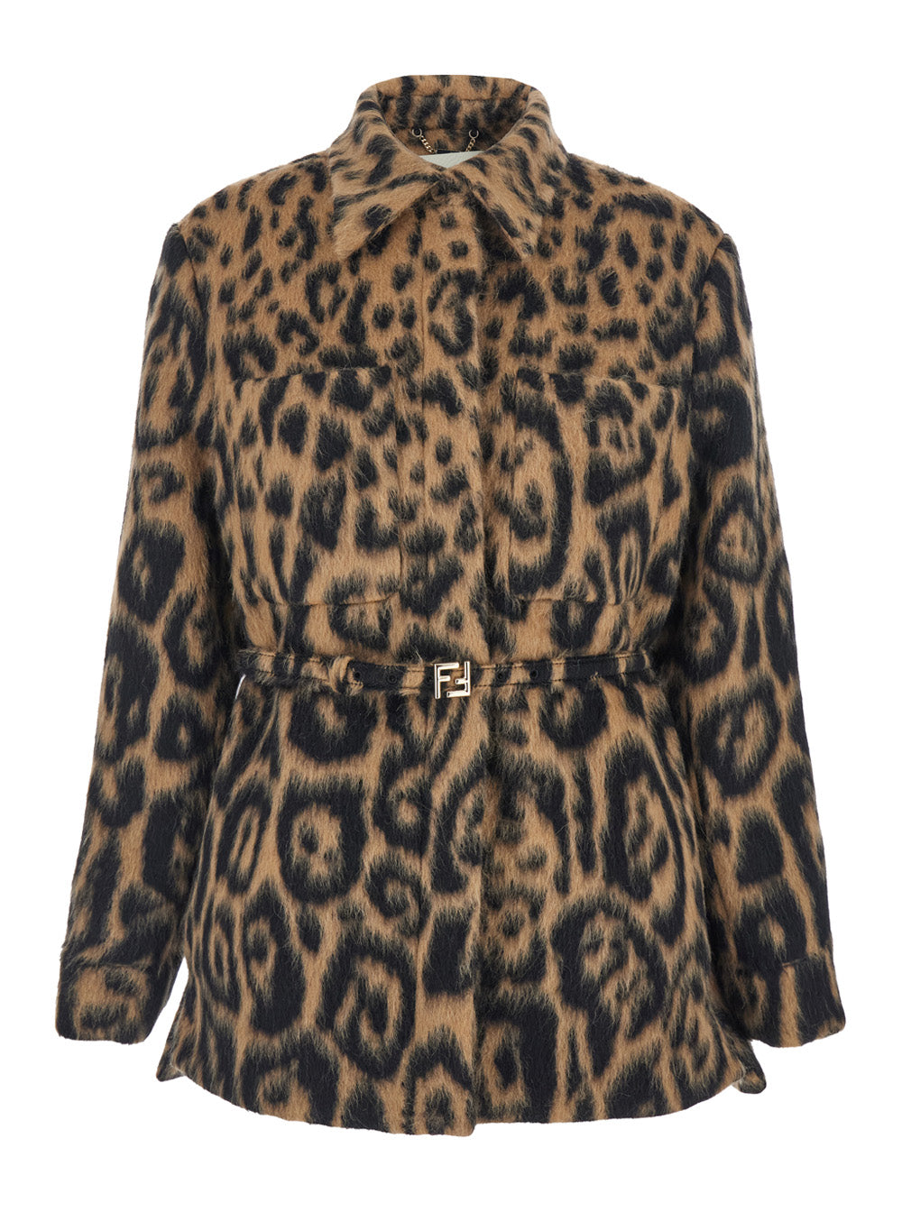 Fendi Women Multicolor Coat With Ff Buckled Belt On The Front And All-Over Leopard Motif In Wool Blend Woman