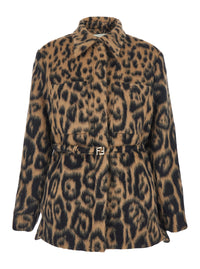 Fendi Women Multicolor Coat With Ff Buckled Belt On The Front And All-Over Leopard Motif In Wool Blend Woman