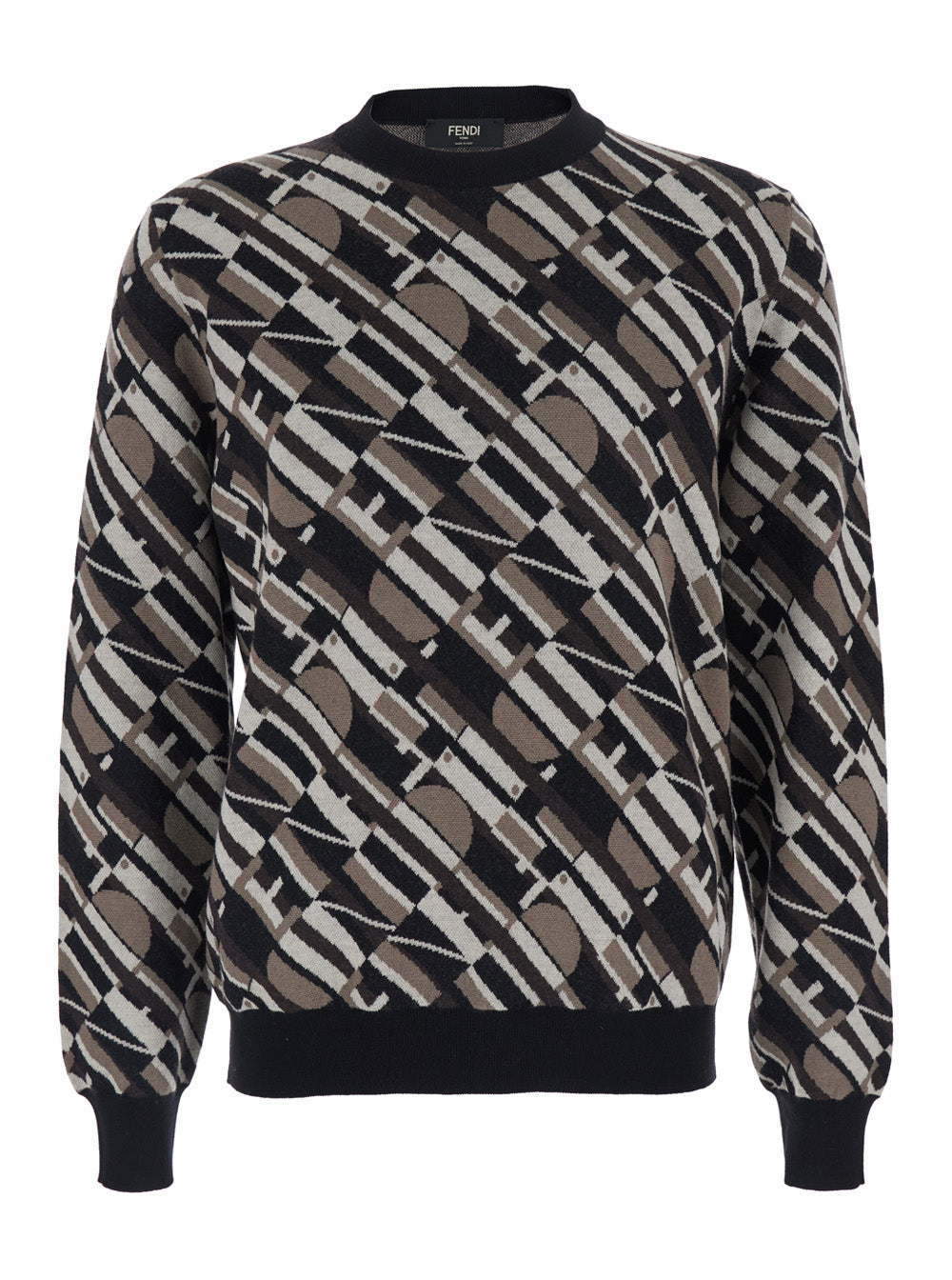 Fendi Men Brown Crewneck Sweater With All-Over Geometric Motif In Wool Man