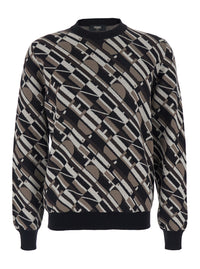 Fendi Men Brown Crewneck Sweater With All-Over Geometric Motif In Wool Man
