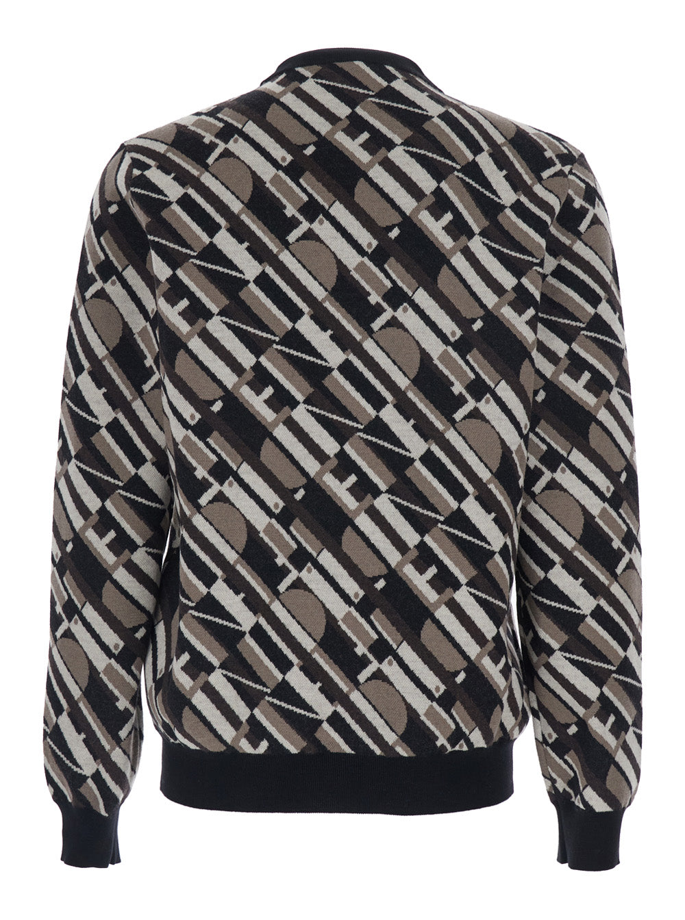 Fendi Men Brown Crewneck Sweater With All-Over Geometric Motif In Wool Man