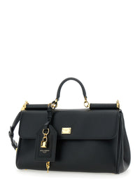 Dolce & Gabbana Women 'My Sicily' Black Medium Handbag With Lock Detail And Adjustable Removable Leather Shoulder Strap For Women