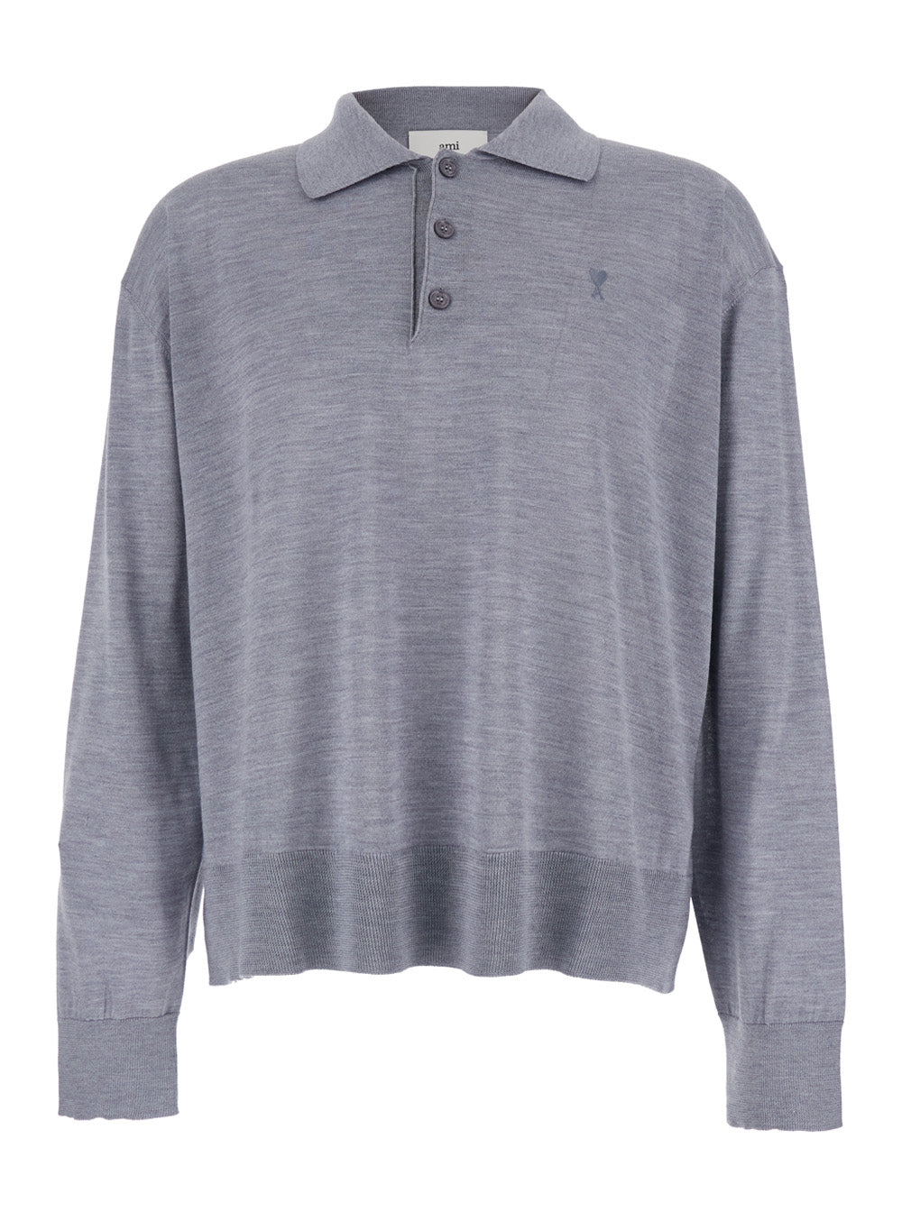 Ami Paris Men Grey Polo Shirt With Classic Collar And Adc Embroidery On The Front In Wool And Silk Blend Man