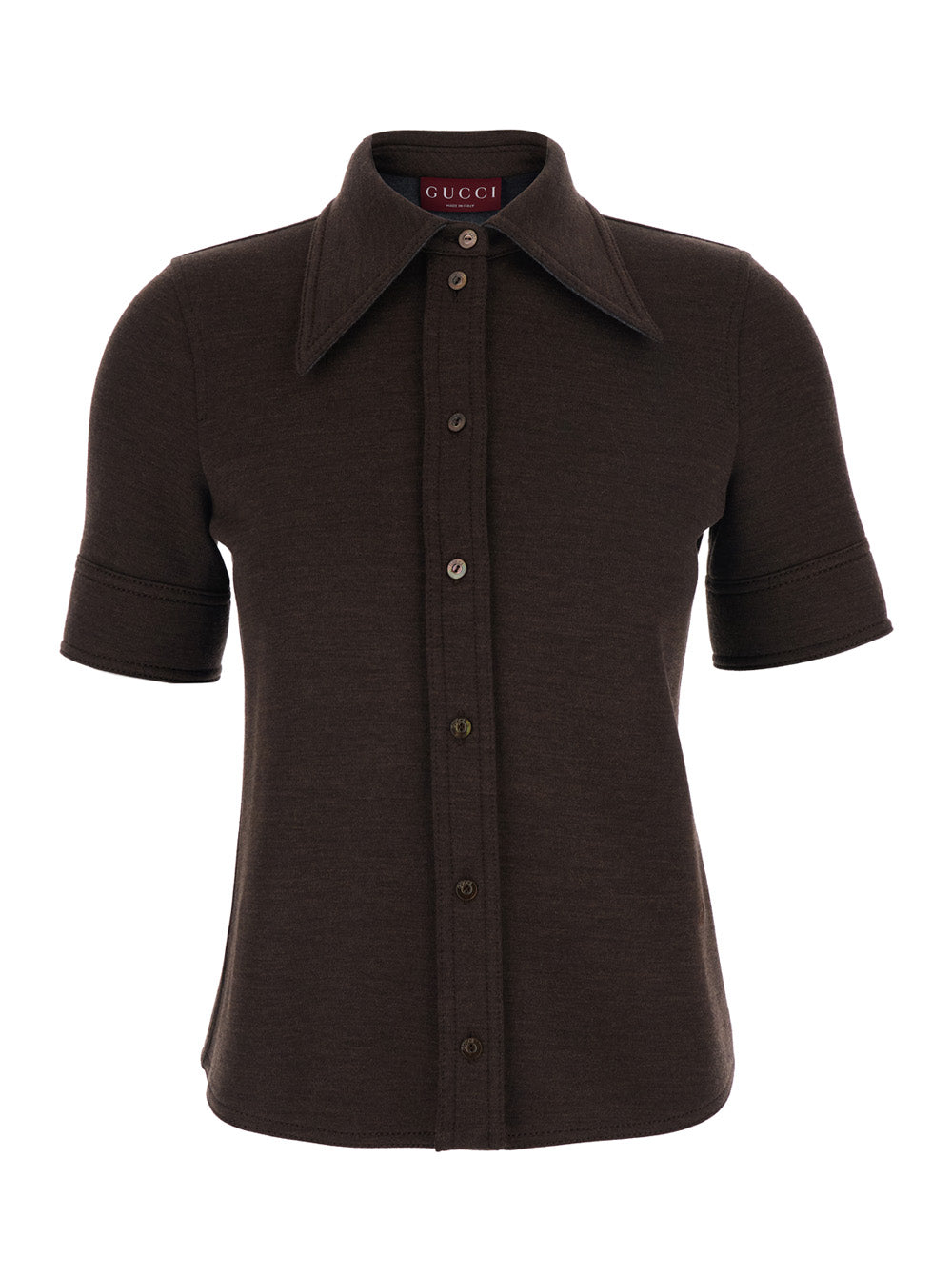 Gucci Women Brown Shirt With Polo Style Pointed Collar In Wool And Cotton Blend Woman