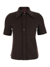Gucci Women Brown Shirt With Polo Style Pointed Collar In Wool And Cotton Blend Woman
