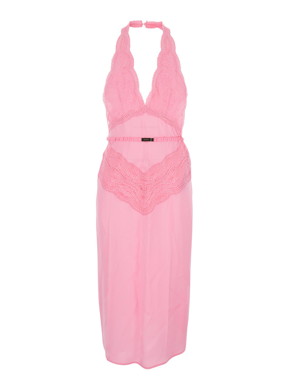 Gucci Women Pink Dress With Deep V-Neck And Removable Ruffle Belt In Silk Satin Woman