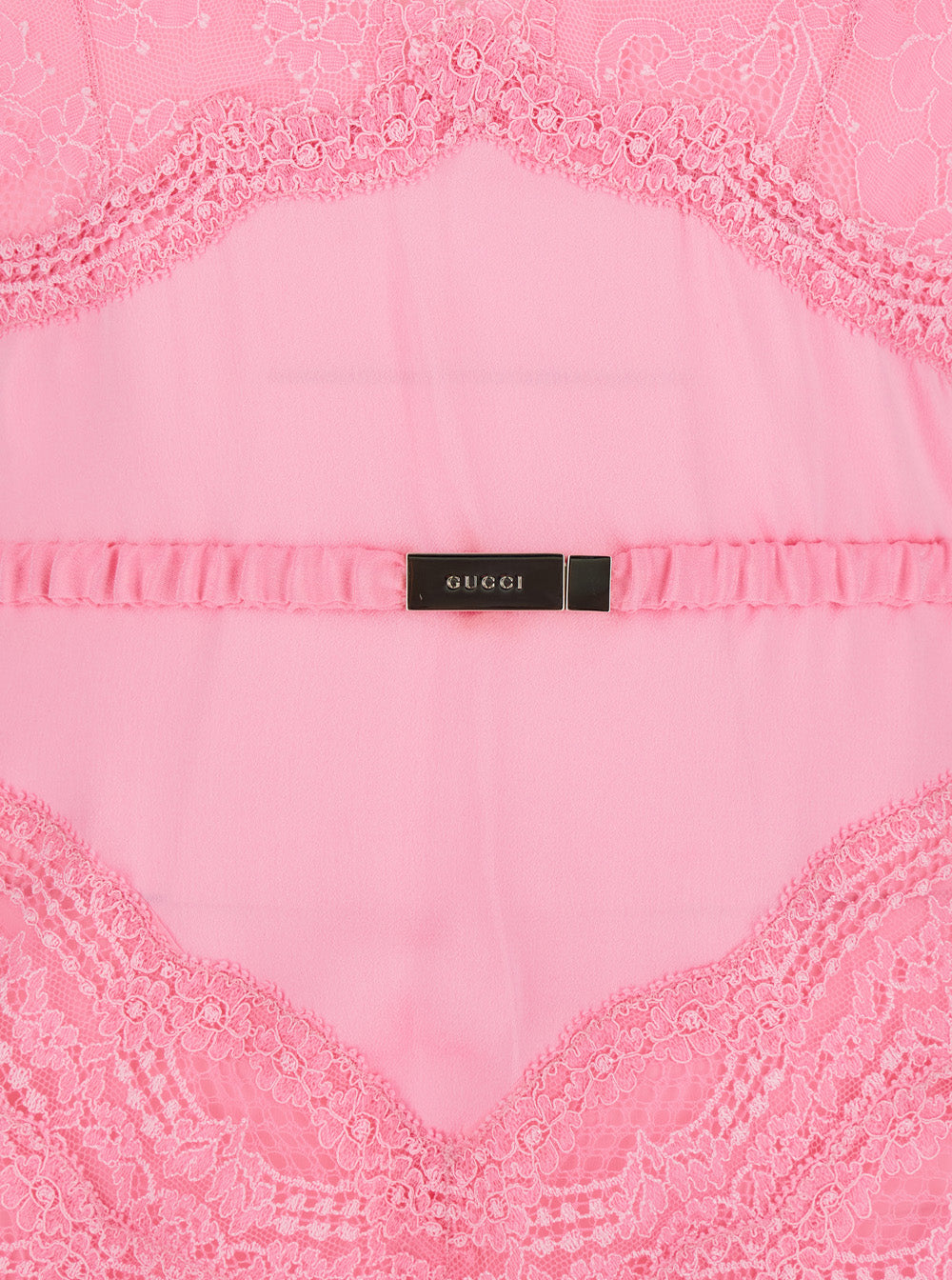 Gucci Women Pink Dress With Deep V-Neck And Removable Ruffle Belt In Silk Satin Woman