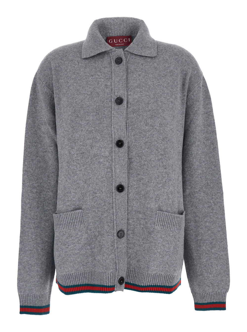 Gucci Women Grey Cardigan With Pointed Collar And Web Detailing On Edges In Wool And Cashmere Blend Woman