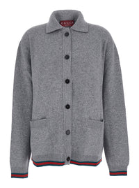 Gucci Women Grey Cardigan With Pointed Collar And Web Detailing On Edges In Wool And Cashmere Blend Woman