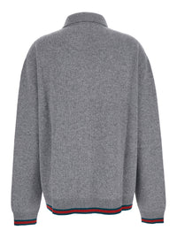Gucci Women Grey Cardigan With Pointed Collar And Web Detailing On Edges In Wool And Cashmere Blend Woman