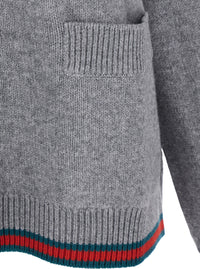 Gucci Women Grey Cardigan With Pointed Collar And Web Detailing On Edges In Wool And Cashmere Blend Woman