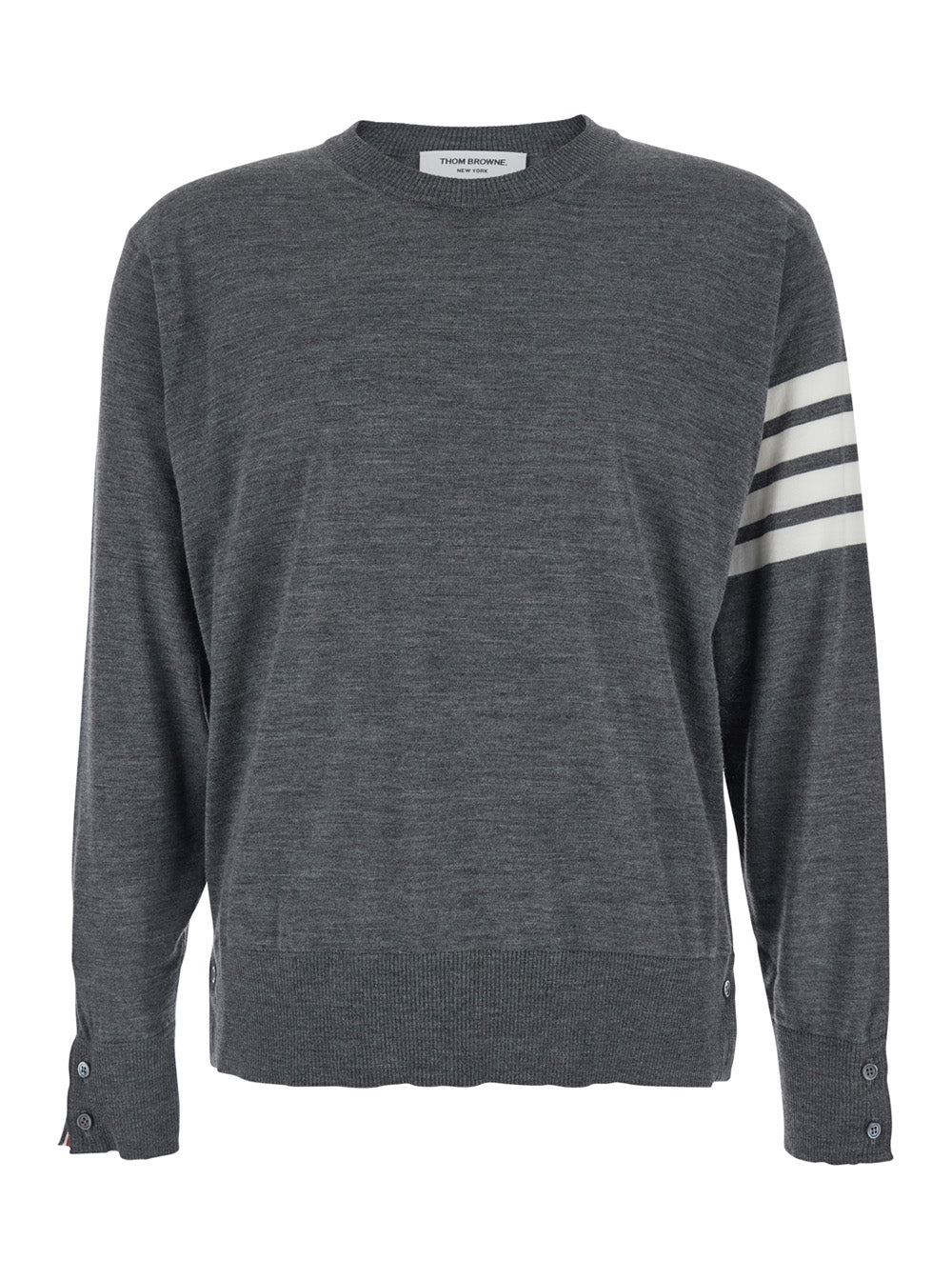 Thom Browne Men Grey Crew Neck Sweater With 4-Bar Detail In Virgin Wool For Men