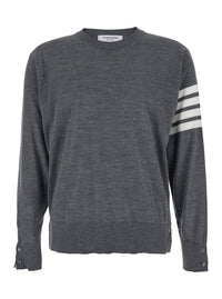 Thom Browne Men Grey Crew Neck Sweater With 4-Bar Detail In Virgin Wool For Men