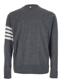 Thom Browne Men Grey Crew Neck Sweater With 4-Bar Detail In Virgin Wool For Men