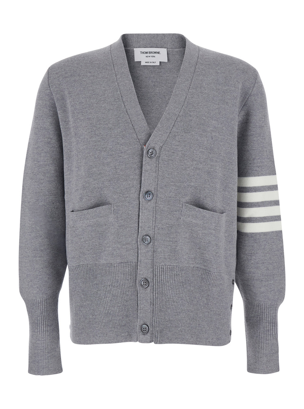 Thom Browne Men Gray Cardigan With V-Neck And Striped Detail On Sleeve In Wool For Men