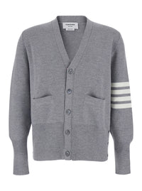 Thom Browne Men Gray Cardigan With V-Neck And Striped Detail On Sleeve In Wool For Men