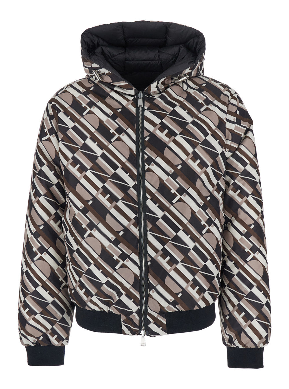 Fendi Men Reversible Puffer Jacket With Hood And Logo Patch On Front In Black Tech Fabric For Men