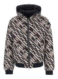 Fendi Men Reversible Puffer Jacket With Hood And Logo Patch On Front In Black Tech Fabric For Men