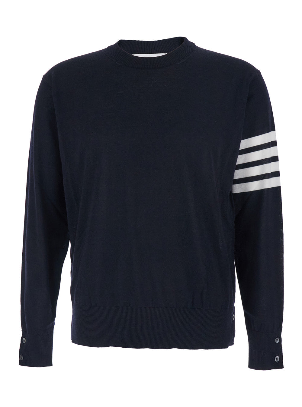 Thom Browne Men Blue Crewneck Sweater With 4-Bar On The Sleeve And Ribbed Finishes In Wool For Men