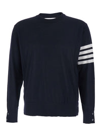 Thom Browne Men Blue Crewneck Sweater With 4-Bar On The Sleeve And Ribbed Finishes In Wool For Men