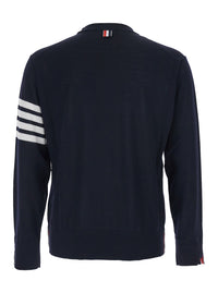 Thom Browne Men Blue Crewneck Sweater With 4-Bar On The Sleeve And Ribbed Finishes In Wool For Men