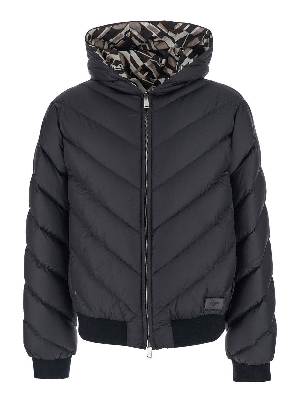 Fendi Men Reversible Puffer Jacket With Hood And Logo Patch On Front In Black Tech Fabric For Men