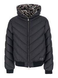 Fendi Men Reversible Puffer Jacket With Hood And Logo Patch On Front In Black Tech Fabric For Men