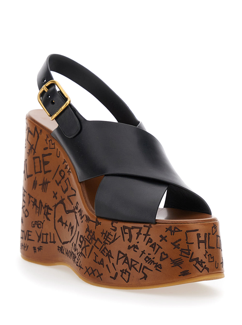 CHLOÉ Chloé Women 'Maxime' Black Wedges With High Embossed High Wedge Heel And Crossover Strap On The Toe In Leather Womam