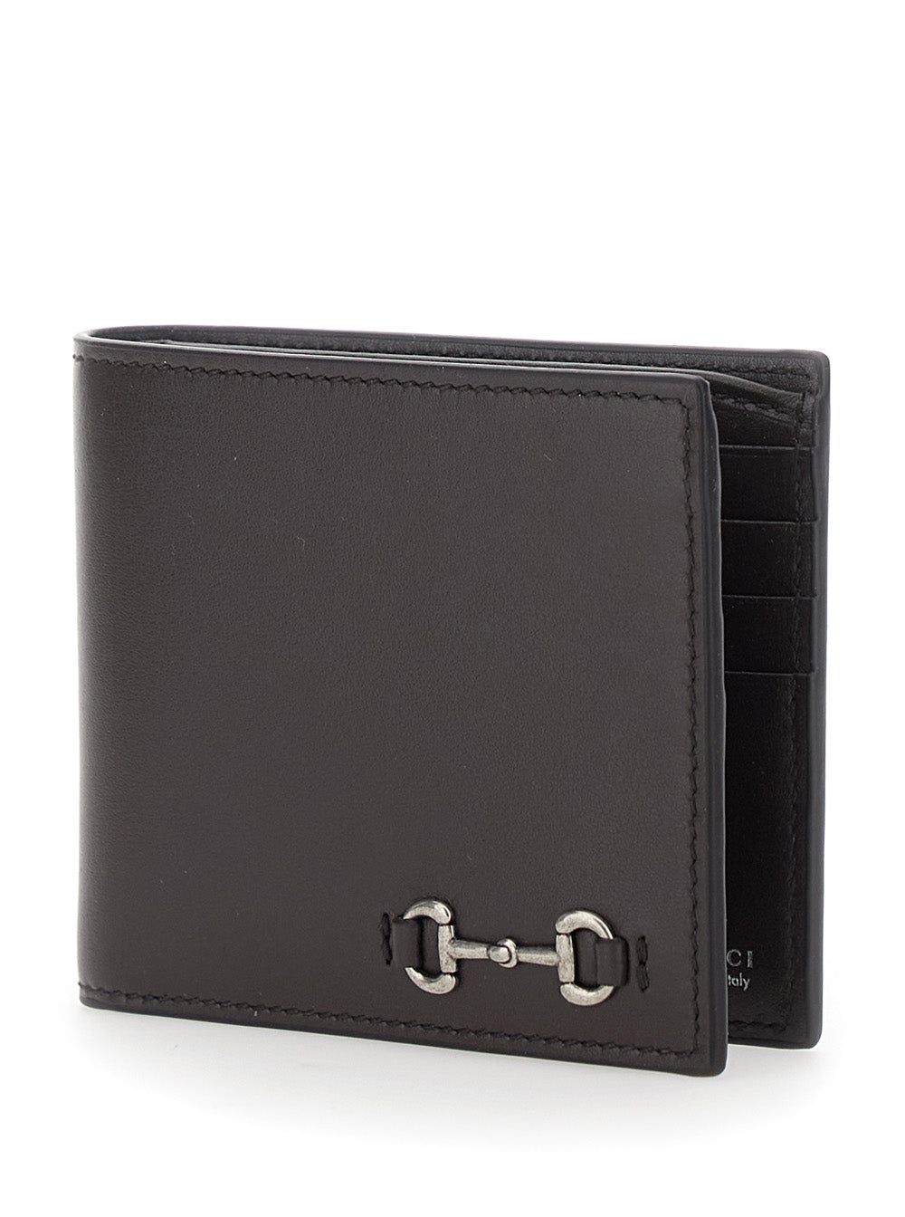Gucci Men Brown Bi-Fold Wallet With Horsebit On The Front And Logo Imprinted Inside In Leather Men