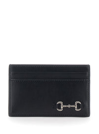 Gucci Men Black Card Holder With Horsebit On The Front In Leather For Men