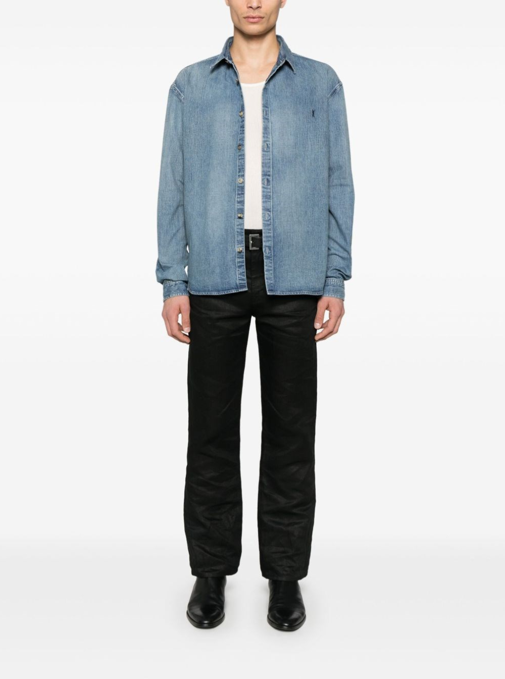Saint Laurent Men Shirt With Classic Collar And Cassandre Embroidery On The Front In Light Blue Denim For Men