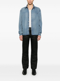Saint Laurent Men Shirt With Classic Collar And Cassandre Embroidery On The Front In Light Blue Denim For Men