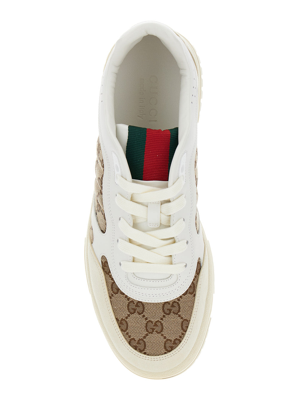 Gucci Men Low Sneakers 'Re-Web' With Gg Logo In Leather And Tech Fabric Beige Men
