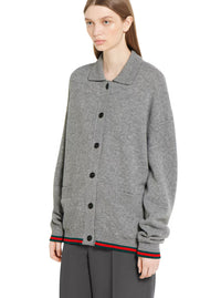 Gucci Women Grey Cardigan With Pointed Collar And Web Detailing On Edges In Wool And Cashmere Blend Woman