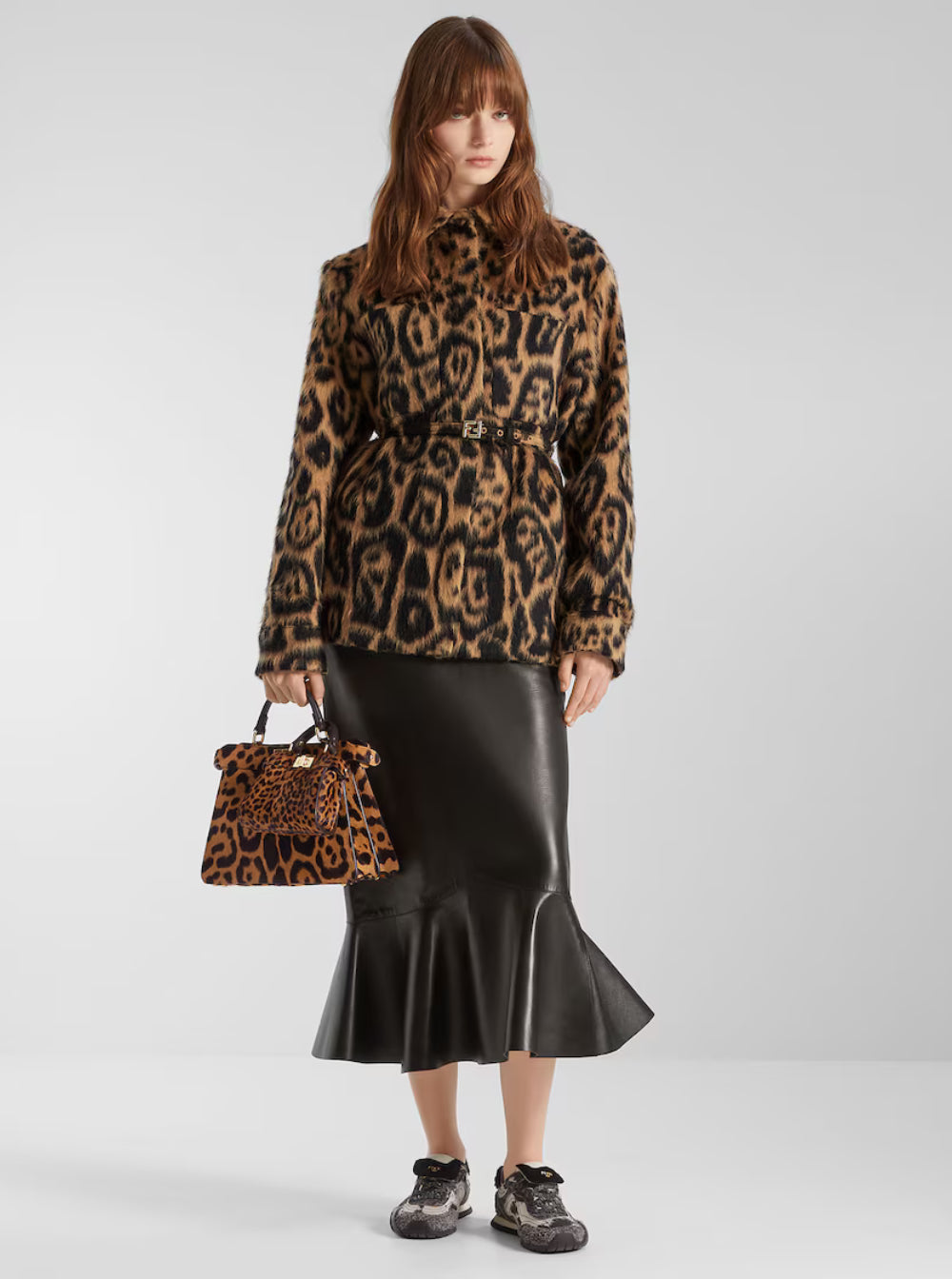 Fendi Women Multicolor Coat With Ff Buckled Belt On The Front And All-Over Leopard Motif In Wool Blend Woman