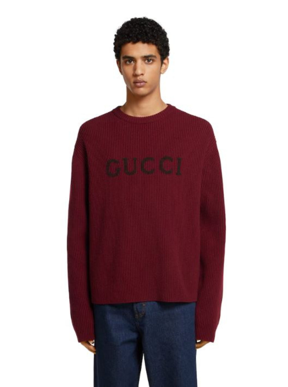 Gucci Men Bordeaux Crewneck Sweater With Logo Lettering Embroidery On The Front In Wool Man